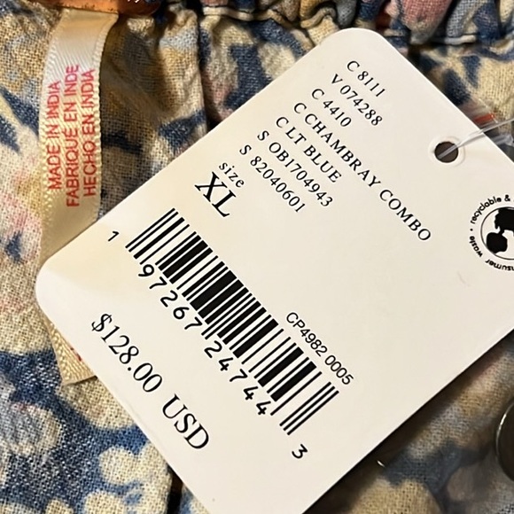 Free People James Smock Top in Light Blue Chambray Combo, Size XLarge, NWT - Picture 16 of 16